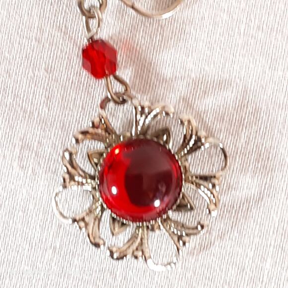 Dangle Drop Flower Earrings Red Central Stones On Silver Tone Petals - Picture 7 of 10